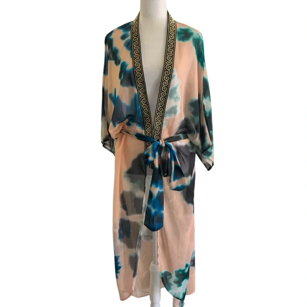 SukiSo One Size Fits Most Tie-Dye Belted Sheer Swim Beach Resortwear Cover-Up
